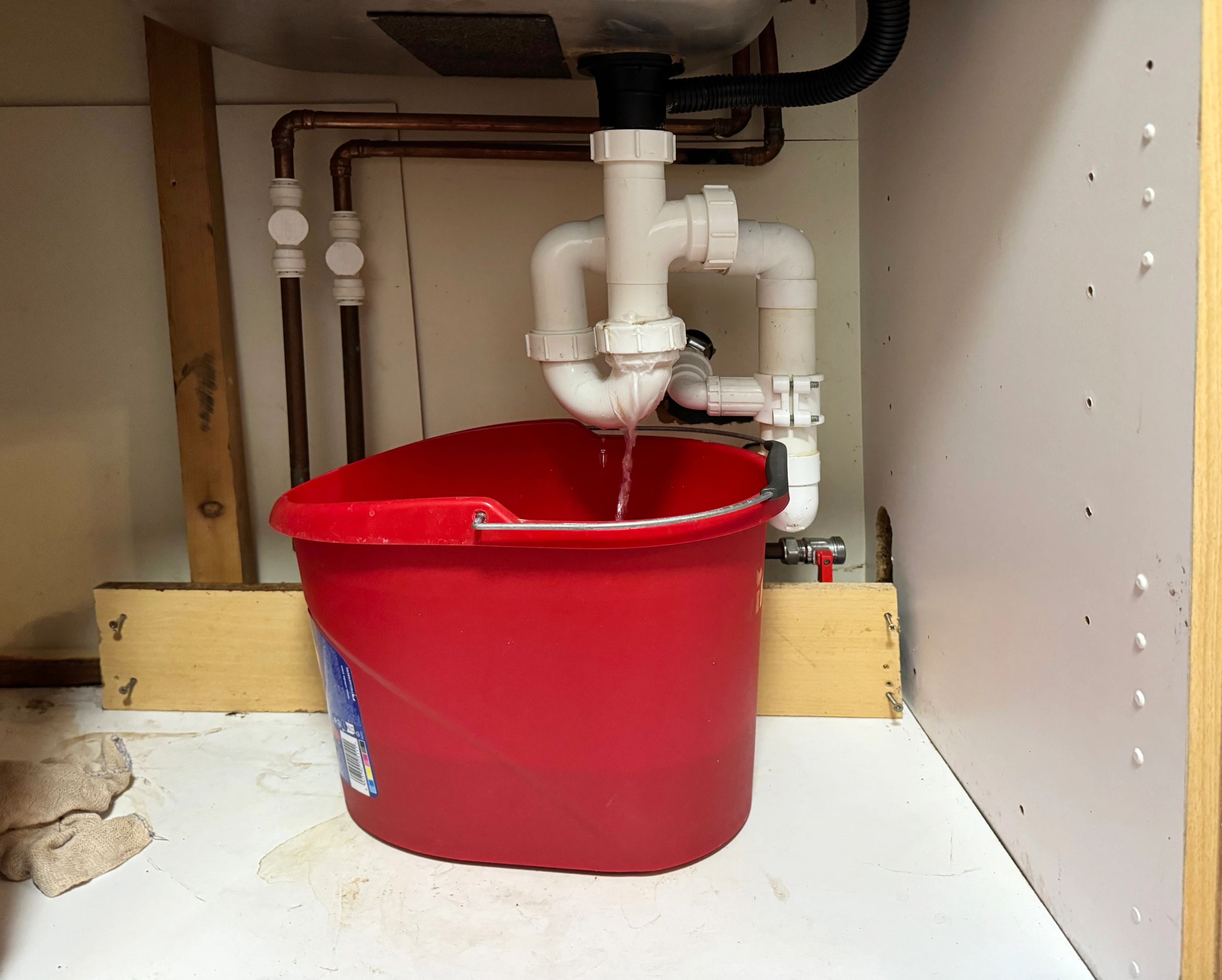 Under-sink plumbing being inspected